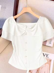 Regalyn Plus Size Women Summer Luxury French Elegant White Short Sleeve Top, Classic Knit Striped Texture Patchwork Button Decor Commuter T-Shirt