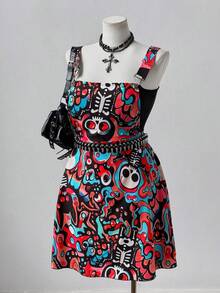 Sunspun Plus Size Colorful Skull Crossover Dress - Red - View 7