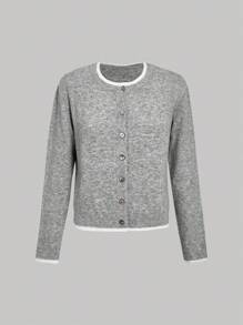 Skyraze 女士长袖单排扣开衫和 A 字裙套装，灰色 - 灰色 - 查看 3