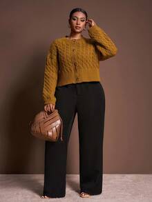 Veslaya 秋冬新款优雅休闲宽松纯色深黄色长袖短款针织开衫，适合派对、约会和日常穿着，大码女款 - 芥末黃 - 查看 5