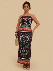 SHEIN VCAY Plus Size Women's Black Print Dress, Knit Stretchy Dress, Autumn Nomadic Boho Dress Strapless Midi Dress Tube Dresses For Women Mexican Dress Women Printed Strapless Dress Boho Maxi Dress Fall  Autumn  Elegant Dresses For Women Civil Wedding Dress Curvy Party Dresses Sunny Journey Frenchy Vacay Dress Summer Getaway​  Vacay Vibes