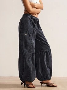 Bohemela 波西米亚风纯色休闲褶饰宽松抽绳阔腿可变换女式裤子