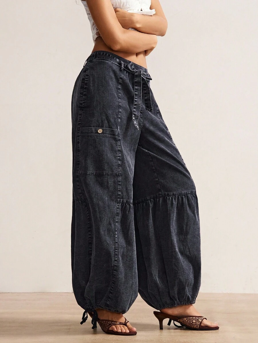 Bohemela 波西米亚风纯色休闲褶饰宽松抽绳阔腿可变换女式裤子