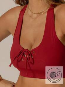 Aralina Leisurewear Activewear Lace Up Top With Racer Back Perfect For Summer Outfits And Airport Outfits For Women And 4th Of July - Red - View 3