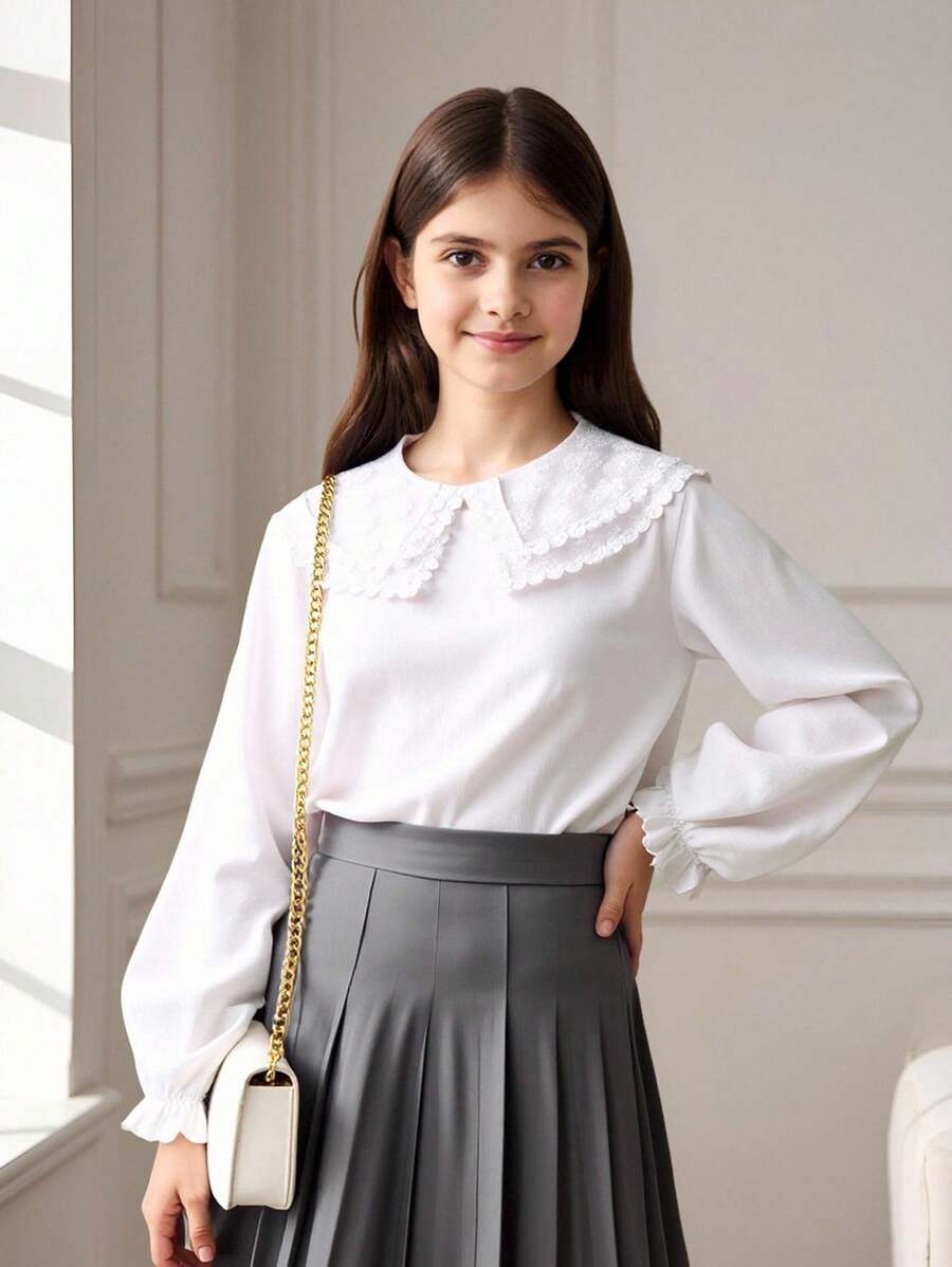 Girls' Elegant Embroidered Floral Lace Trim Long Sleeve Casual Pullover Blouse, Spring/Autumn Fall Winter - White - View 1