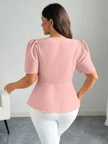 Elenzga Plus Size Women Elegant Solid Color Puff Sleeve Blouse Business Casual Top Square Neck Blouse Women Tops Pink Top Puff Sleeve Top - Pink - View 2