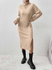 EURMUSE High Neck Drop Shoulder Sleeve Sweater Dress With Split Hem, No Belt Included - Mocha Brown - View 5