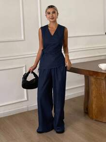 Livesso 女式 V 领无袖系腰上衣和宽松牛仔裤套装，夏季 - 藍色 - 查看 7