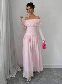 Selianne Váy Maxi hở vai họa tiết bướm xếp ly lãng mạn ngọt ngào dành cho nữ ngày lễ tình nhân - Hồng - Xem 5