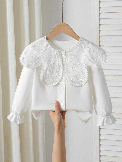 SHEIN Playful Pals Girls' Elegant Embroidered Floral Collar & Cuff Long Sleeve Button-Front Casual Princess Blouse, Suitable For School, Vacation, Travel, Birthday Party, Spring/Autumn Fall Winter