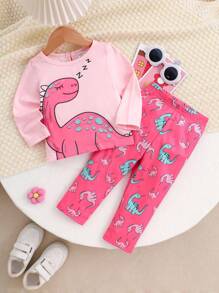2pcs Baby Girls Cute Cartoon Dinosaur Print Round Neck Long Sleeve T-Shirt And Elastic Waist Pants Casual Outfit, Suitable For Spring/Autumn And Winter Layering, 6M-3T, Baby Girl Outfit, Baby Girl Set Baby Girl Pink Outfit,Baby Girl Pink Long Sleeve T-Shirt And Pants Co-Ord For Everyday Casual Wear,Baby Girl Clothes, Baby Girl Leggings, Baby Girl Pink Dinosaur Set - Multicolor - View 1