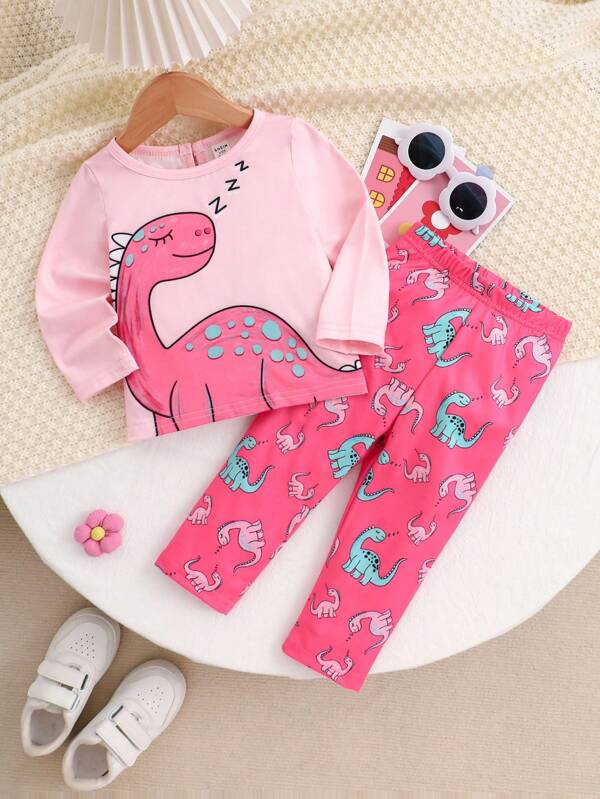 2 piezas Conjunto casual de niña bebé con camiseta de manga larga con cuello redondo y estampado de dinosaurio lindo, y pantalones de cintura elástica, adecuado para primavera/otoño como ropa de estar en casa y para capas en invierno, 6M-3T