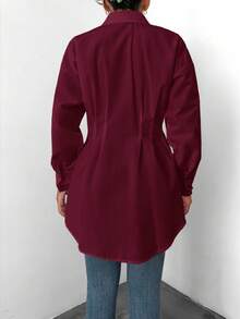 EURMUSE Cotton Drop Shoulder Fold Pleated Curved Hem Shirt - Burgundy - View 2