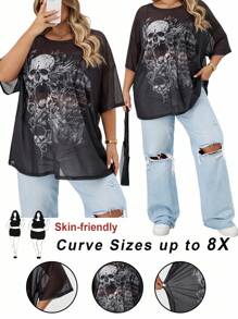 SHEIN CURVE+ 加大码夏季圆领短袖骷髅印花透明简约衬衫，适合女士休闲日常万圣节秋季服装、冬季、CURVE PLUS
