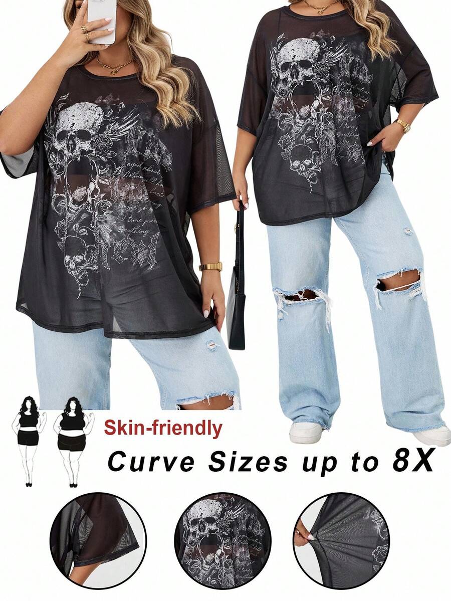 SHEIN CURVE+ 加大码夏季圆领短袖骷髅印花透明简约衬衫，适合女士休闲日常万圣节秋季服装、冬季、CURVE PLUS
