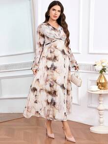 Modelyn Plus Size Color Block V-Neck Flare Sleeve Twist Knot Dress For Women - Multicolor - View 4