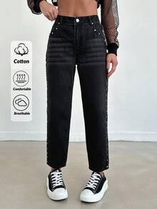 RueChic 休闲锥形裤，带斜口袋和猫须细节，适合秋季 - 黑色 - 查看 1