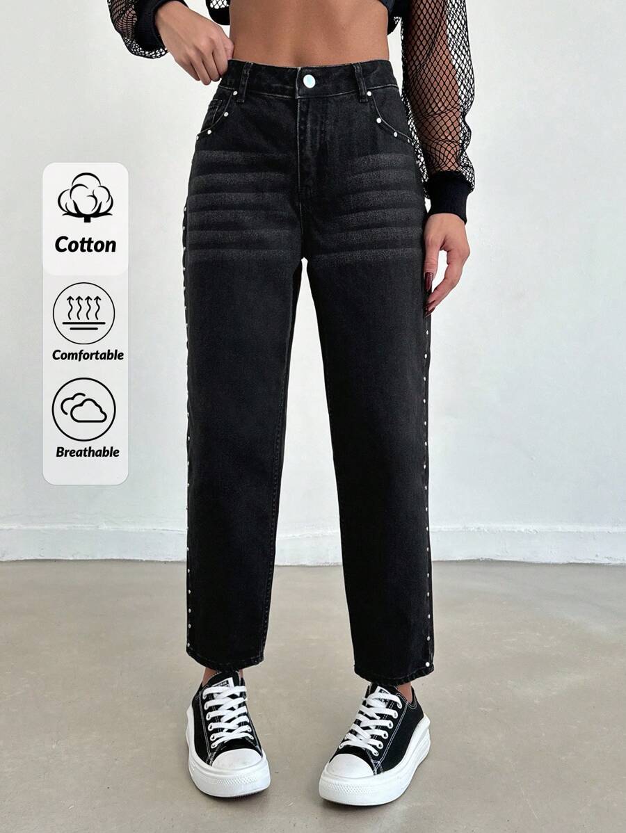 RueChic 休闲锥形裤，带斜口袋和猫须细节，适合秋季 - 黑色 - 查看 1