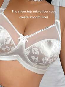 DesireSculpt Plus Size Mesh Patchwork Jacquard Wireless Bra, Lift - White - View 3