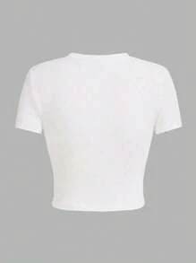 青少年女孩休闲舒适时尚芙蓉花图案短袖圆领 T 恤，适合夏季户外和度假 - 白色 - 查看 4