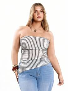 Solavibe Plus Size Women's Striped Print Crop Bandeau Top With Slit Hem, For Summer - View 4