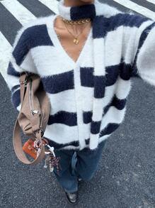 Muchica 女士秋季新款条纹V领宽松针织开衫（配围巾） - 藍白色 - 查看 4