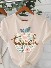 EMERY ROSE Plus Size Women's Summer Casual/Holiday Style Apple Floral & Letter Printed Short Sleeve T-Shirt