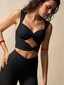 VARSIVA 女士纯色扭结镂空短款运动背心，夏季运动文胸 - 黑色 - 查看 9