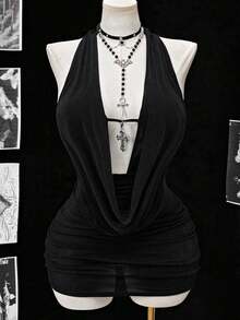 Lyrianda Đầm dự tiệc bãi biển thắt nơ hở lưng cỡ lớn cho nữ - màu đen - Xem 3