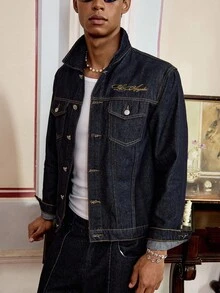 SWAVVY 男士刺绣长袖休闲牛仔夹克 - 深色水洗藍 - 查看 6