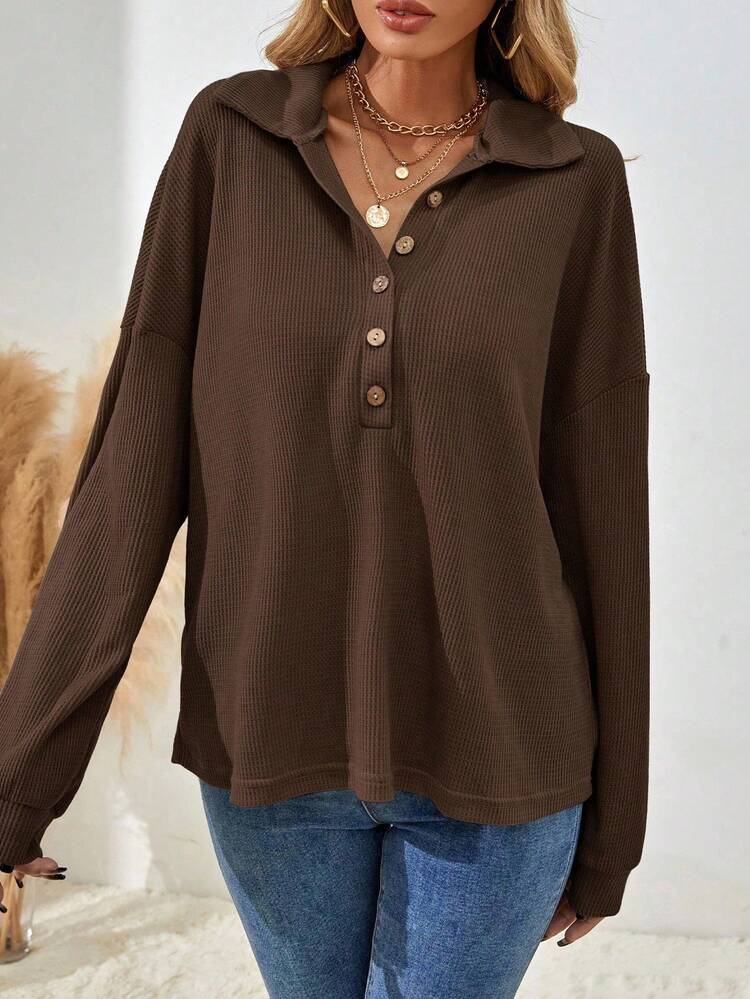 EMERY ROSE Women's Solid Color Drop Shoulder Long Sleeve Button Half Placket Loose Casual T-Shirt - Brown - View 5