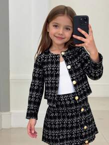 SHEIN 2pcs Young Girl Casual Fashion Button Decor Long Sleeve Jacket And Mini Skirt Set, Tween Girls 2pcs/Set Urban Chic Jacket & Bodycon Skirt Outfit, Graduation Dress,FAshionable,Warm & Soft, Versatile For Play, Daily Wear, School, Autumn & Winter,Pairing White Shirt,Back To School Season.College Style, Girls Blazer And Skirt Set Tweed Two Piece Skirt Set Girls Girls Skirt Suit Girls Tweed Suit Fall