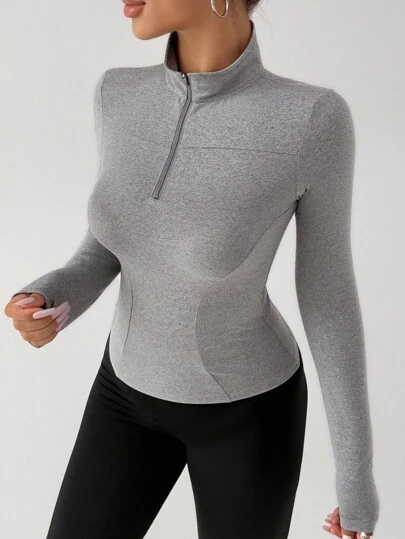 DAZY Women's Zipper Placket Long Sleeve Fitted Solid Color Sports T-Shirt