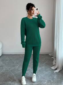 INAWLY 2 件套女士纯色圆领长袖毛衣和裤子套装 - 墨綠色 - 查看 3