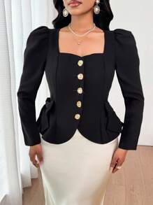 SHEIN Lady Women's Elegant Commuter Urban Puff Sleeves Sweetheart Collar Metal Trim Buckle Cinched Waist Tie Embellished Bow A Hem Blazer Solid Color To Wear In All Seasons Teacher Outfits For Women Business Casual Woman Office Outfits For Women Going Out Tops Western Wear Women In Fall/Winter - Black - View 8