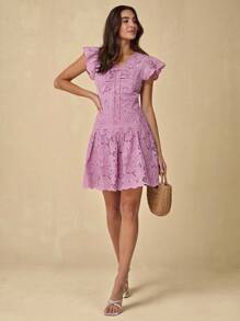 Enchnt Autumn And Winter Women's Elegant Purple Floral Embroidery V-Neck Ruffle Hem Mini Dress, Sweet&Elegant For Birthday& Holiday Party&Sweet Date Night&Daily Commuting&Vacation&Graduation Season&Afternoon Tea&Garden Parties&Going Out,Back To School,Fall Outfits For Women