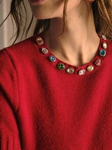 MOTF PREMIUM RHINESTONE DETAIL PUFF SHORT SLEEVE KNIT TOP