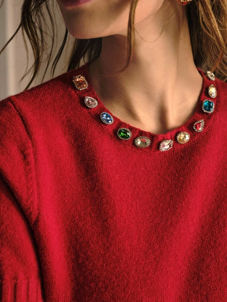 RHINESTONE DETAIL PUFF SHORT SLEEVE KNIT TOP