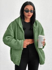 EURMUSE 100%Cotton Zip Up Drop Shoulder Hooded Teddy Jacket - Green - View 3