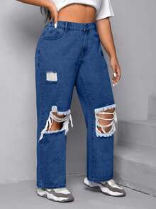 EURMUSE Plus Size Women High Waist Pockets Wide Leg Distressed Casual Jeans - Medium Wash - View 6