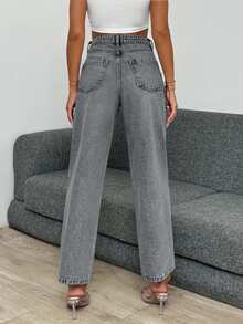 EURMUSE High Waist Light Wash Crop Straight Jean - Grey - View 2