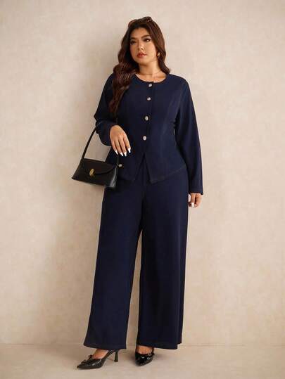 Elaquor Plus Size Women 2 Pieces Set: Elegant Button-Up Top & Loose Fit Pants