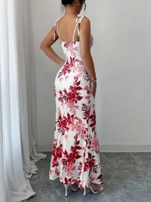 SHEIN Elenzya Váy thiết kế xẻ tà, thắt nơ eo, dây mảnh dành cho nữ mới, đa năng cho các buổi hẹn hò, tiệc tùng, mặc hàng ngày, tôn dáng và thanh lịch - Đỏ - Xem 2