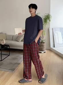 DAZY Navy Plaid Pants And T-Shirt Men's Loungewear Set, Spring/Summer Pajama - Navy Blue - View 5