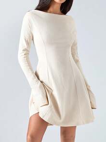 LYSMO 2025 New Arrival Spring-Summer Women's High-End Elegant Off-Shoulder Asymmetric Neckline Mini Dress Featuring Extra-Long Sleeves With Stacked Ruching And Slim Fit Design, Perfect For Vintage Casual, Elegance, And Date Night Outfits