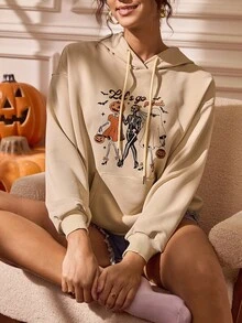 Glamance Lemon Design 女式字母和骷髅印花长袖抽绳连帽休闲运动衫万圣节运动衫图案连帽衫女式秋季服装女式万圣节连帽衫图案运动衫外出秋冬 - 杏色 - 查看 7