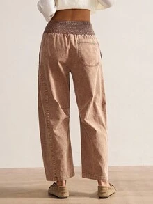 Bohemela 女士休闲纯色梭织宽松低腰裤，秋冬波西米亚风 - 棕色 - 查看 7