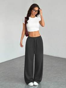SHEIN PETITE Quần nỉ ống rộng dệt kim màu trơn thoải mái và giản dị dành cho nữ - Màu xám đen - Xem 4