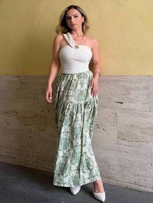 Jeta Ari 女士松紧腰宽松波西米亚花卉印花半身裙 - 綠色 - 查看 1