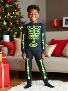 SHEIN Bolty 2pcs Kids/Tween Boys Casual Everyday Comfortable Printed Crew Neck Long Sleeve Top And Leggings Knit Homewear Set Halloween Kids Halloween Home Clothes Halloween Skeleton Luminous Christmas Holiday Pajamas Christmas Pajamas Family Snug Fit Boys Skeleton  Halloween Boy Clothes Glow In The Dark Pajamas Halloween Pajamas Skeleton Pajamas Boys Fall Winter